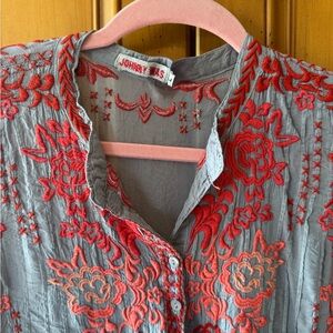 Johnny Was Charcoal Blouse with Coral Embroidery
